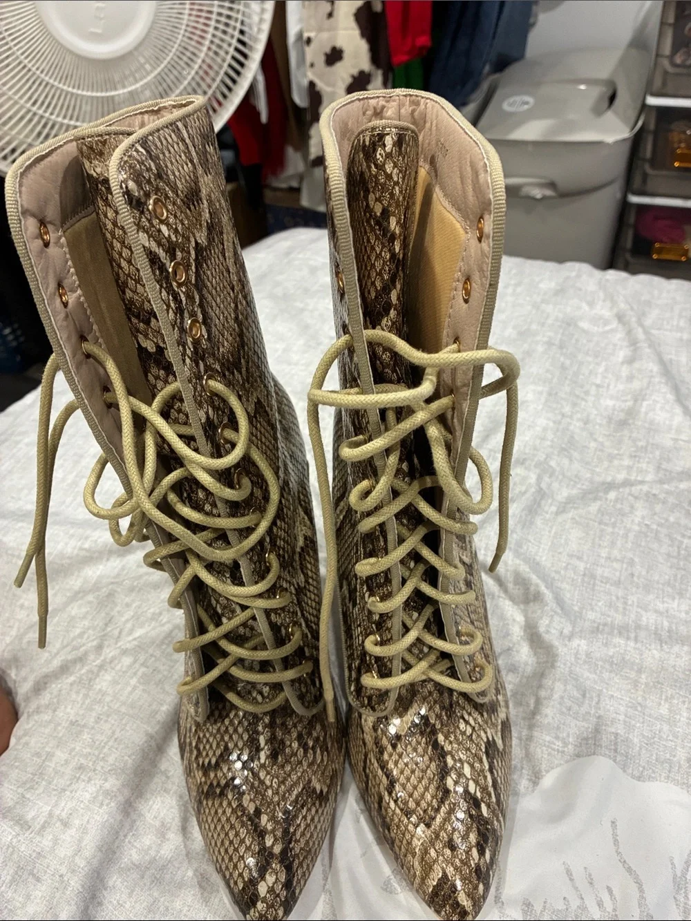 Snake-Print Lace-Up Block Heel Boots in Brown